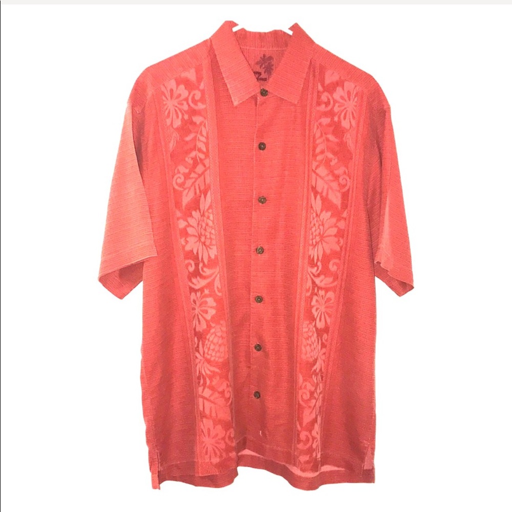Tommy Bahama short sleeve orange button up shirt.